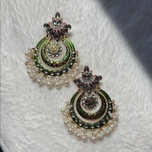 Elegant Green and Gold Pearl Earrings